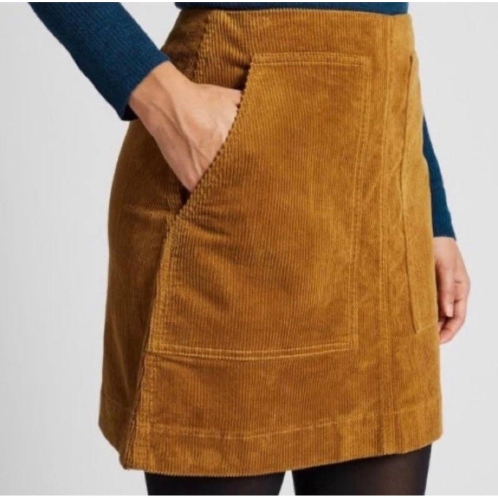 Uniqlo Corduroy Mini Skirt Mustard Yellow Brown A-Line Patch Pocket Size 2